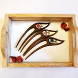 Trâm cài tóc gỗ- resin- 2quelượn-cúc xanh mix-114