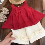 Set bộ áo đũi nơ đỏ quần xuống kem cho bé gái