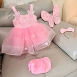 Đầm váy công chúa hồng 2 dây tùng cước cánh bướm