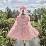 Đầm váy công chúa kim tuyến đính hoa vai kèm cài nơ cô dâu