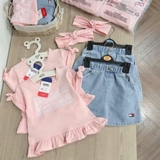 Set bộ áo phông chân váy jean Tom kèm turban cho bé