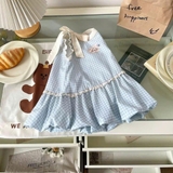 Đầm váy caro xanh dáng bí hình gấu cho bé gái