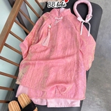 Set áo dài BB Bebé gấm tơ ánh kim kèm mấn cho bé