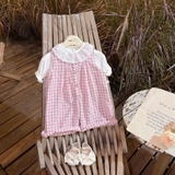 Set yếm quần caro hồng tai thỏ kèm áo cổ ren cho bé