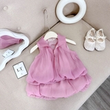 Set bộ áo tơ cổ V hồng dáng bí 2 lớp cho bé gái