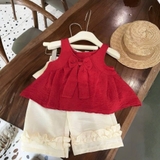 Set bộ áo đũi nơ đỏ quần xuống kem cho bé gái