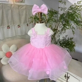 Đầm váy công chúa hồng 2 dây tùng cước cánh bướm