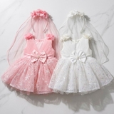 Đầm váy công chúa kim tuyến đính hoa vai kèm cài nơ cô dâu