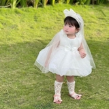 Đầm váy công chúa kim tuyến đính hoa vai kèm cài nơ cô dâu