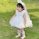 Đầm váy công chúa kim tuyến đính hoa vai kèm cài nơ cô dâu