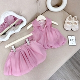 Set bộ áo tơ cổ V hồng dáng bí 2 lớp cho bé gái