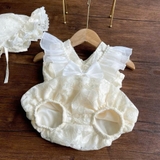 Body cổ tim ren vân hoa be cánh tiên kèm nón vải