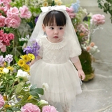 Body váy ren phối lưới mềm kèm turban cho bé