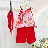 Set áo yếm họa tiết tiên nữ hoa đỏ kèm khăn lụa