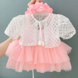 Set đầm tầng voan kèm áo khoác ren lưới cho bé