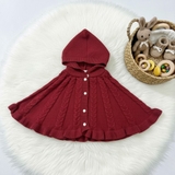 Áo choàng len cúc giữa có mũ phong cánh Hàn Quốc cho bé gái