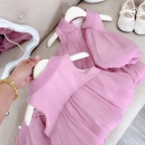 Set bộ áo tơ cổ V hồng dáng bí 2 lớp cho bé gái