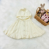 Áo choàng len cúc giữa có mũ phong cánh Hàn Quốc cho bé gái