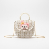 Túi xách dạ Tweed dáng bầu quai ngọc trai cho bé