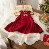 Set áo yếm gấm quần bí phồng cho bé gái