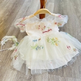 Đầm váy voan hoa tay bồng kèm cài cho bé