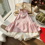 Set áo yếm gấm quần bí phồng cho bé gái