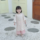 Set áo dài gấm thêu hoa cho bé