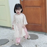 Set áo dài gấm thêu hoa cho bé