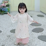 Set áo dài gấm thêu hoa cho bé