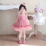 Đầm xoè bồng 2 dây màu hồng ruốc