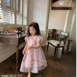 Đầm voan tơ hoa hồng tay bồng cổ viền chéo
