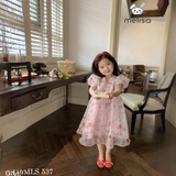 Đầm voan tơ hoa hồng tay bồng cổ viền chéo