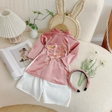 Set áo dài nhung thêu hoa đào kèm mấn đính ngọc
