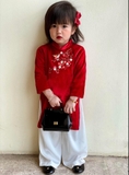 Set áo dài nhung thêu hoa đào kèm mấn đính ngọc