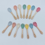 Bộ thìa dĩa silicon cán bằng gỗ Baby Panda chính hãng