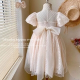 Đầm ren be viền ngọc cổ thắt nơ lưng