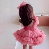 Đầm xoè bồng 2 dây màu hồng ruốc