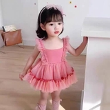 Đầm xoè bồng 2 dây màu hồng ruốc