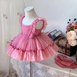 Đầm xoè bồng 2 dây màu hồng ruốc