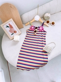 Đầm hai dây kẻ đính hoa cotton tăm