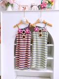 Đầm hai dây kẻ đính hoa cotton tăm