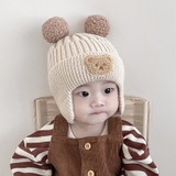 Mũ len trùm tai thêu gấu cho bé 6-36 tháng