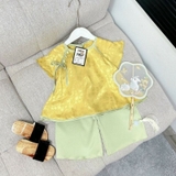Set áo gấm cúc lệch tay xoè quần lụa cho bé gái
