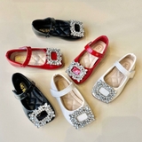 Giày búp bê da PU bóng mềm đính đá lấp lánh
