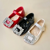 Giày búp bê da PU bóng mềm đính đá lấp lánh
