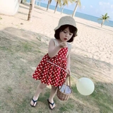 Đầm đỏ 2 dây chấm bi- vải đũi