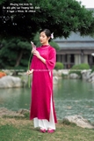 Áo dài gấm hồng hàng thiết kế cao cấp