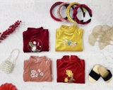 Áo dài bé gái nhung đỏ thêu hoa sen + kèm quần, mấn