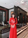 Aó dài tằm ướt đỏ thêu hồng