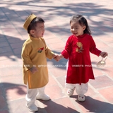 Áo dài bé trai nhung vàng thêu bánh chưng + kèm quần, mấn